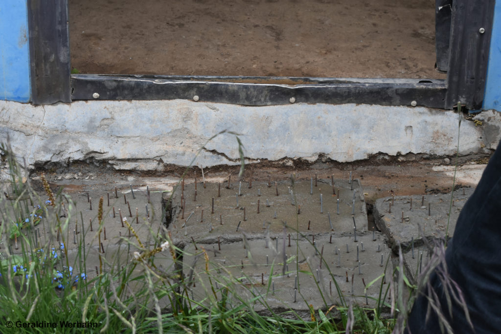 A carpet of nails at the home entrance to prevent bears from entering.